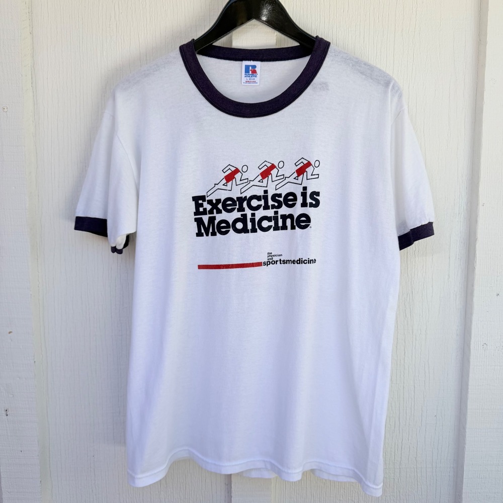 Vintage Russell Athletic Exercise is Medicine Ringer Tee White Navy Large USA